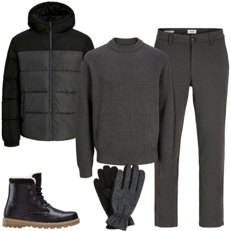 Outfit uomo - Gray men\'s outfit. Stile Casual per Ufficio. Abbinamento con stivali e stivaletti, pantaloni chino, piumini, maglieria, guanti.