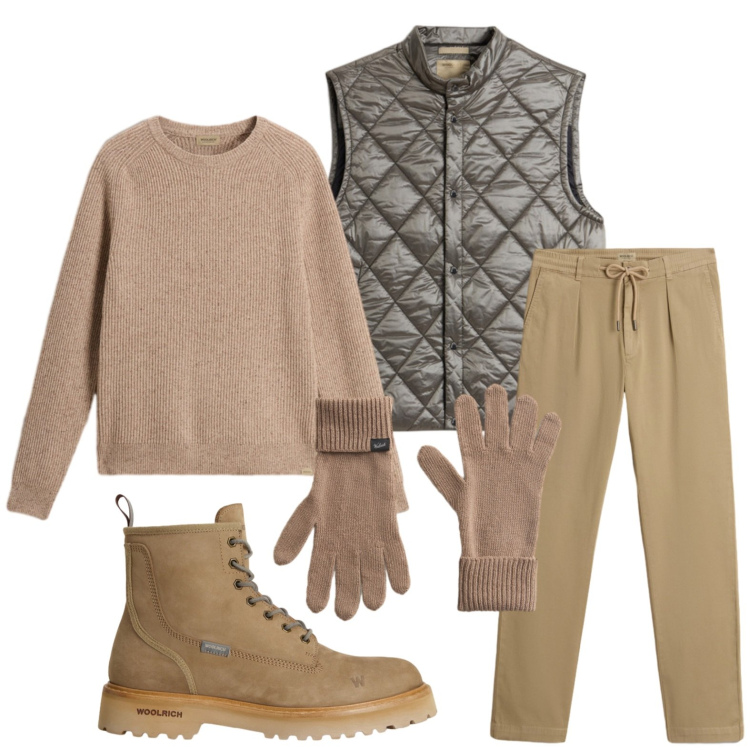 Outfit uomo - Sfumature brown. Stile Trendy per Tutti i giorni. Abbinamento con pantaloni, anfibi, maglieria, gilet, guanti.