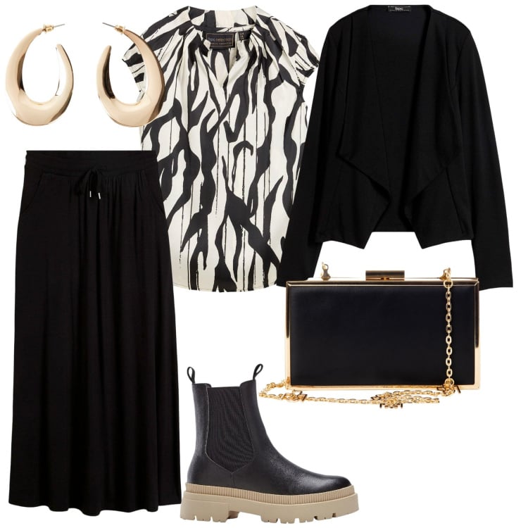 Outfit donna - A lavoro. per Ufficio. Abbinamento con blazer, gonne, orecchini, stivaletti chelsea, top, pochette.