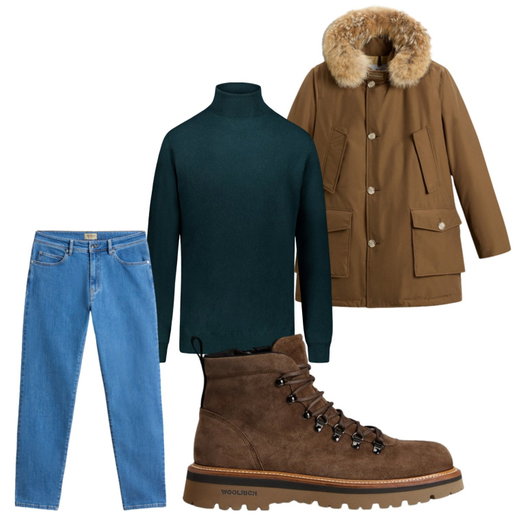 Outfit uomo - Sportivo. Stile Trendy per Tutti i giorni. Abbinamento con pantaloni, stivali e stivaletti, parka, maglieria.
