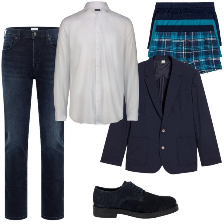 Outfit uomo - Total look #2276948. Stile Casual per Ufficio. Abbinamento con boxer, jeans slim fit, giacche, scarpe stringate, camicie.