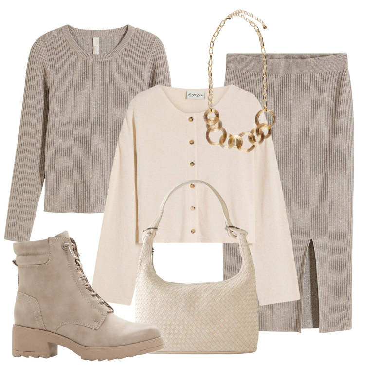 Outfit donna - Neutre tonalità. Stile Casual chic per Tutti i giorni. Abbinamento con cardigans, maglieria, gonne, shopping bag, stivaletti, collane.