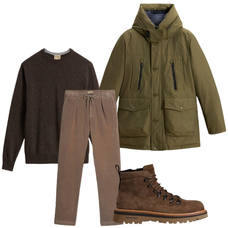 Outfit uomo - Colori neutri. Stile Casual per Ufficio. Abbinamento con pantaloni, stivali e stivaletti, maglieria, parka.