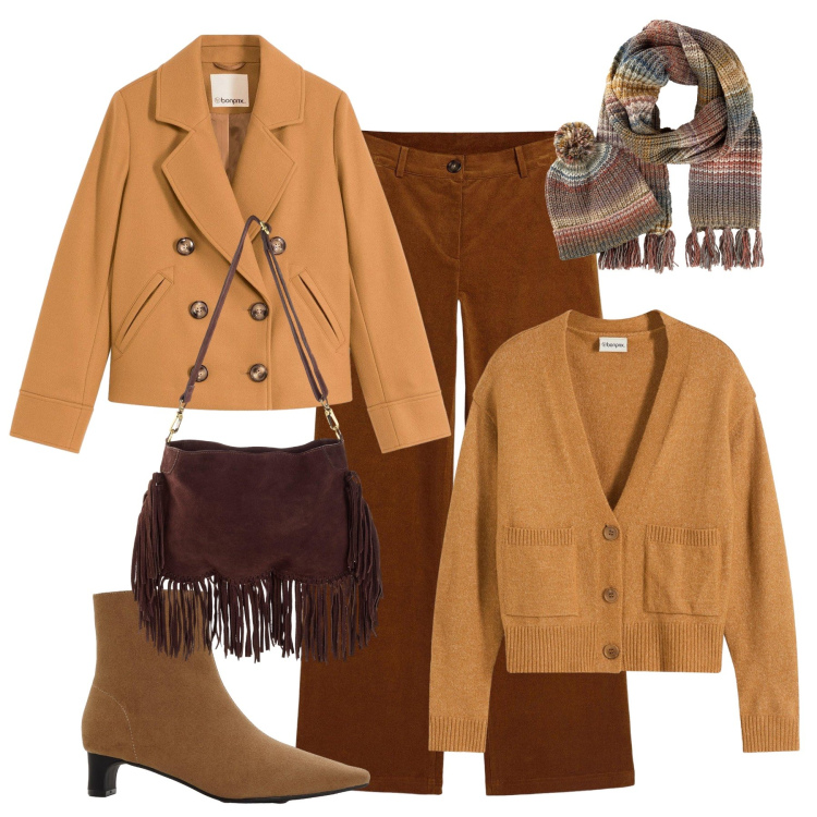 Outfit donna - Colori caldi. Stile Casual chic per Tutti i giorni. Abbinamento con pantaloni, sciarpe, caban, cardigans, stivaletti, borse a tracolla.