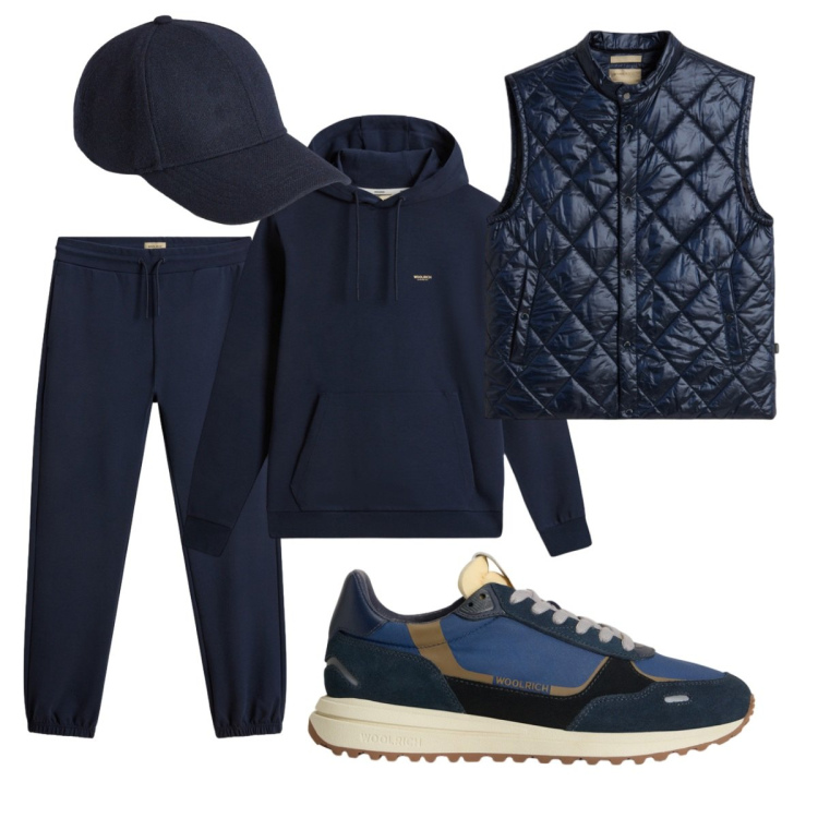 Outfit uomo - Casual total look. Stile Casual per Tutti i giorni. Abbinamento con sneakers, pantaloni, gilet, felpe con cappuccio, cappelli.