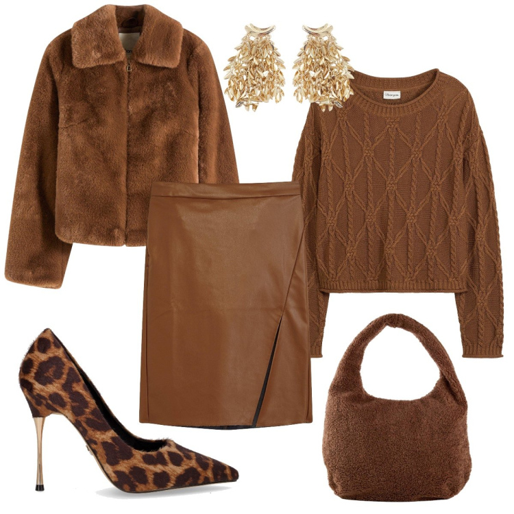 Outfit donna - Tutto in tinta. Stile Chic per Serata fuori. Abbinamento con gonne longuette, ecopellicce, maglieria, shopping bag, orecchini, décolleté.