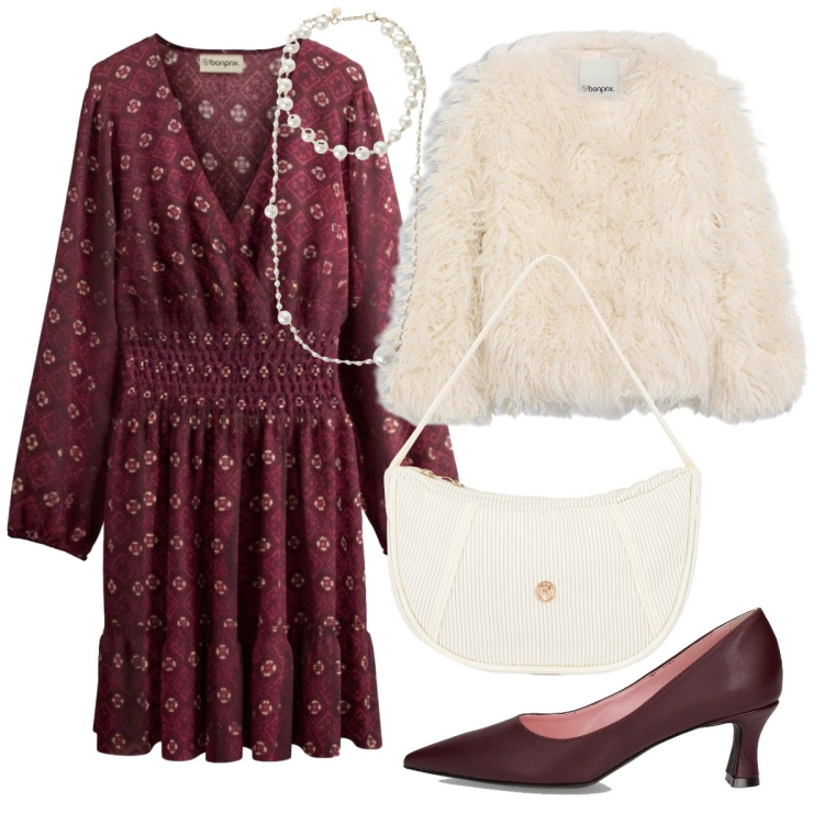 Outfit donna - La pelliccia color panna. Stile Chic per Serata fuori. Abbinamento con ecopellicce, vestiti corti, collane, borse a mano, décolleté.