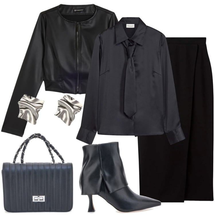 Outfit donna - Total look black November!. Stile Casual chic per Serata fuori. Abbinamento con camicie, gonne longuette, giacche, borse a tracolla, stivaletti, orecchini.