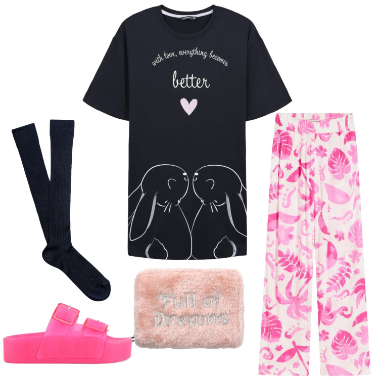 Outfit donna - Stay at home tra comfort e fantasia. Stile Basic per Tutti i giorni. Abbinamento con pantaloni, portafogli, pigiama, sandali, calzini.