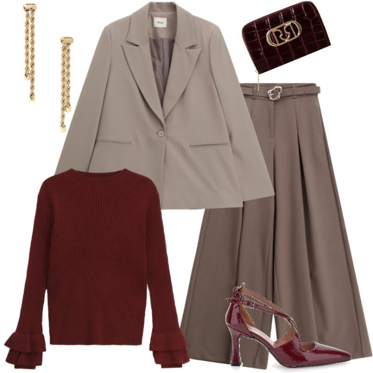 Outfit donna - Mocha Mousse in diverse gradazioni. Stile Casual chic per Tutti i giorni. Abbinamento con portafogli, maglieria, pantaloni, blazer, orecchini, décolleté.