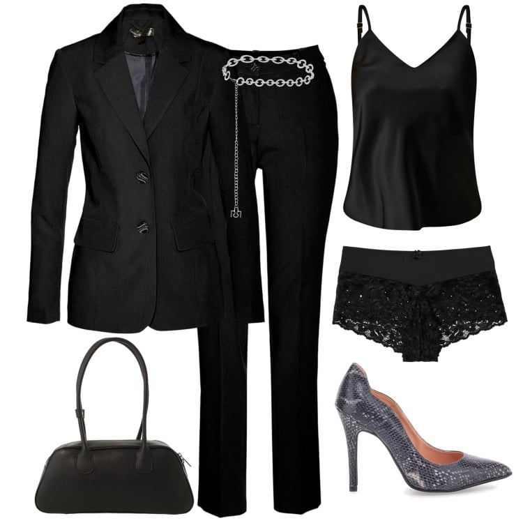 Outfit donna - Black. Stile Chic per Serata fuori. Abbinamento con culotte, giacche, top, cinture, borse a mano, décolleté.