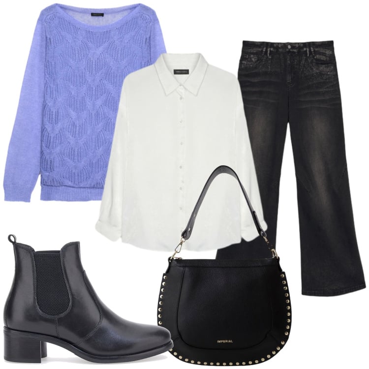 Outfit donna - Jeans a palazzo e maglione. Stile Casual per Tutti i giorni. Abbinamento con borse a spalla, stivaletti chelsea, jeans, camicie, maglieria.