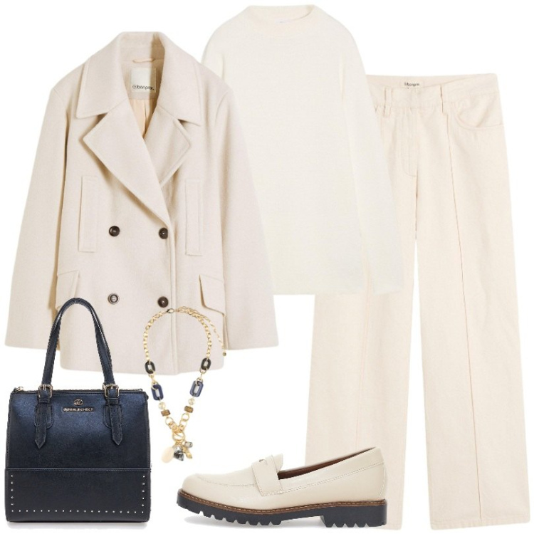 Outfit donna - Morbidissimo e versatile maglione panna. Stile Minimal per Ufficio. Abbinamento con pantaloni, caban, maglieria, borse a mano, mocassini, collane.