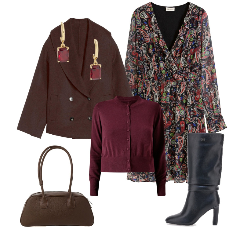 Outfit donna - Total look #2276996. Stile Bon Ton per Serata fuori. Abbinamento con caban, vestiti, cardigans, borse a mano, orecchini, stivali.