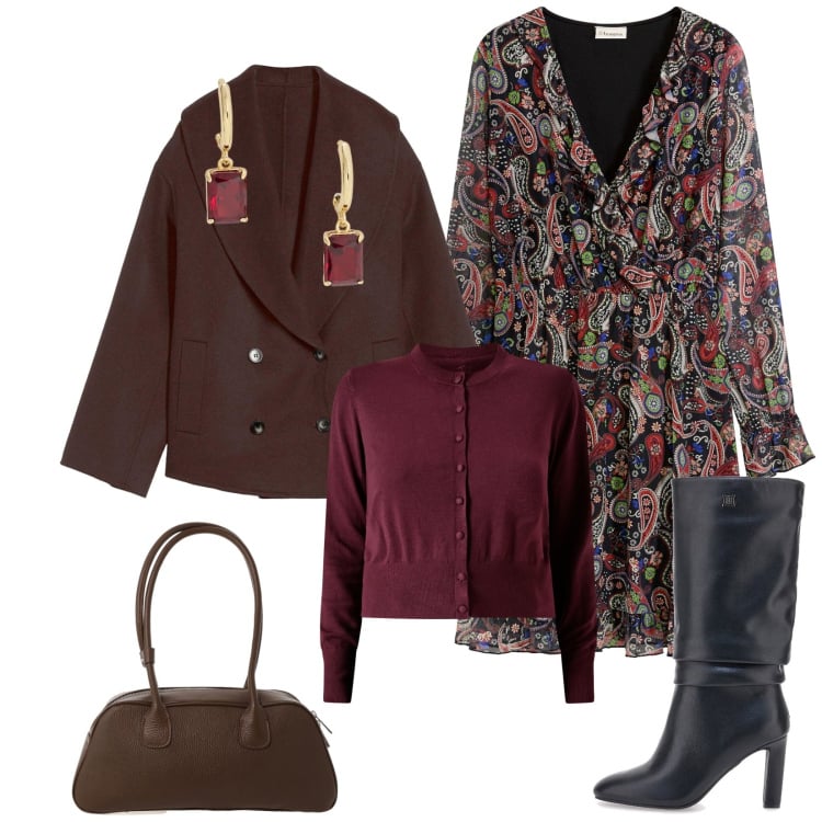 Outfit donna - Total look #2276996. Stile Bon Ton per Serata fuori. Abbinamento con caban, vestiti, cardigans, borse a mano, orecchini, stivali.