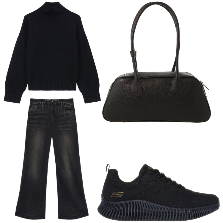 Outfit donna - Aperitivo. Stile Trendy per Tutti i giorni. Abbinamento con maglieria, borse a mano, jeans, sneakers.