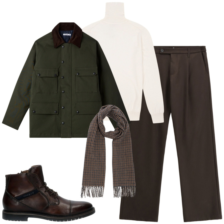 Outfit uomo - In città. Stile Urban per Tutti i giorni. Abbinamento con eskimo, pantaloni, anfibi, maglieria, sciarpe.