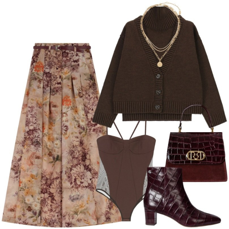 Outfit donna - Cardigan trendy con un tocco sexy. Stile Chic per Serata fuori. Abbinamento con borse a mano, body, pantaloni a palazzo, cardigans, ciondoli, stivaletti.