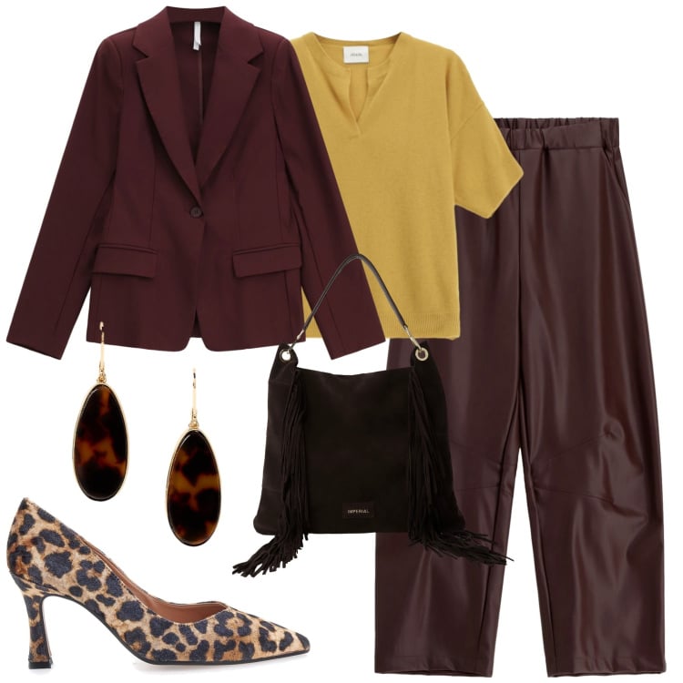 Outfit donna - Sabato in giro. Stile Trendy per Tutti i giorni. Abbinamento con blazer, borse a spalla, maglieria, pantaloni, orecchini, décolleté.