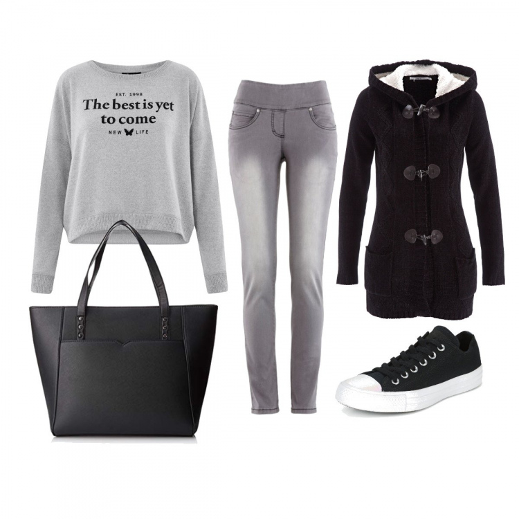Outfit donna - Comoda di giorno. Stile Basic per Tutti i giorni. Abbinamento con jeans slim fit, cardigan in ciniglia nero, scarpe nero, felpa a giromanica aderente grigio, borsa tote nero.