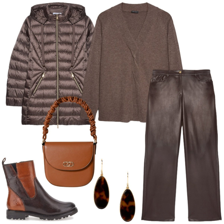 Outfit donna - Marrone inverno. Stile Casual per Ufficio. Abbinamento con borse a mano, orecchini, stivaletti, piumini, pantaloni, maglieria.