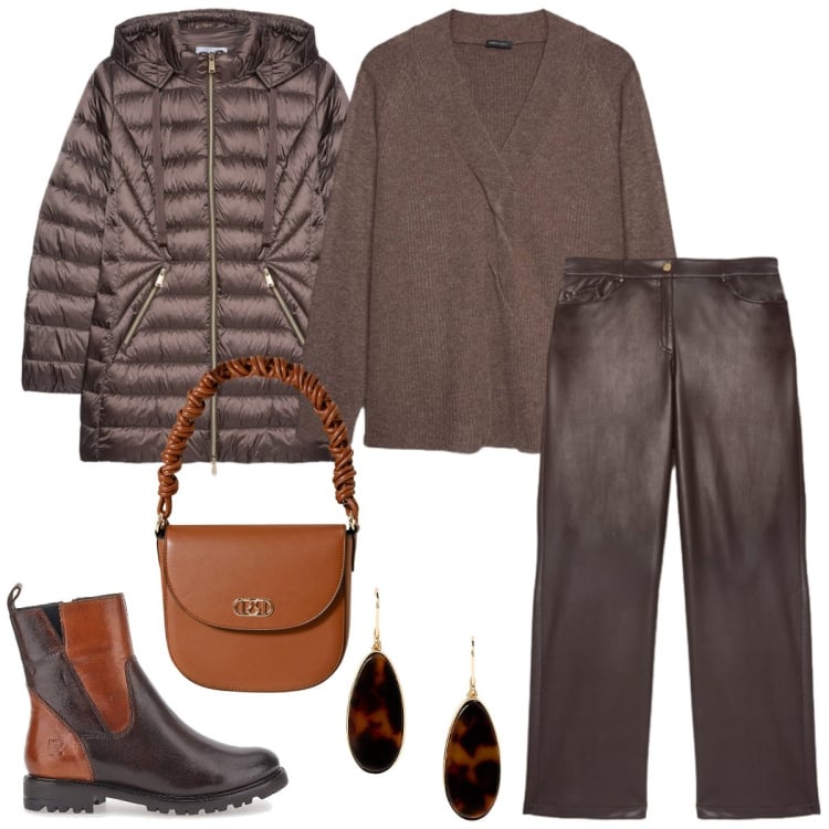 Outfit donna - Marrone inverno. Stile Casual per Ufficio. Abbinamento con borse a mano, orecchini, stivaletti, piumini, pantaloni, maglieria.
