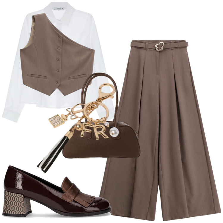 Outfit donna - City. Stile Urban per Tutti i giorni. Abbinamento con camicie, gilet, pantaloni, borse a mano, mocassini, portachiavi.