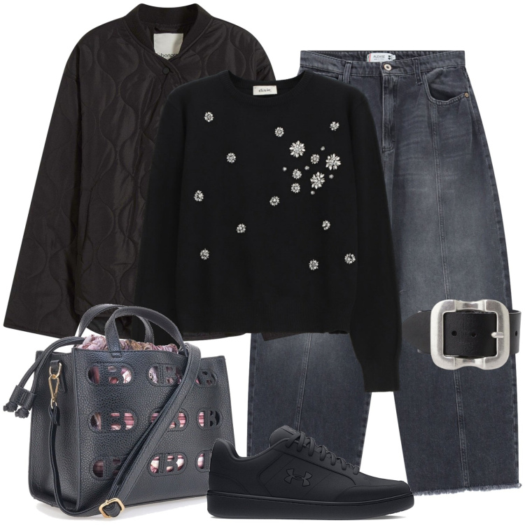 Outfit donna - Total black casual. Stile Casual per Tutti i giorni. Abbinamento con giacche, pantaloni a palazzo, maglieria, cinture, borse a mano, sneakers.
