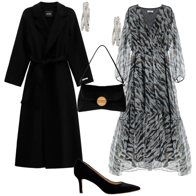 Outfit donna - Total look #2277082. Stile Chic per Serata fuori. Abbinamento con vestiti lunghi, cappotti, orecchini, décolleté, borse a tracolla.