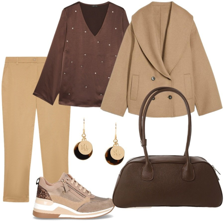 Outfit donna - Dolci tonalità. Stile Casual chic per Ufficio. Abbinamento con blazer, borse a mano, orecchini, sneakers alte, pantaloni chino, bluse.