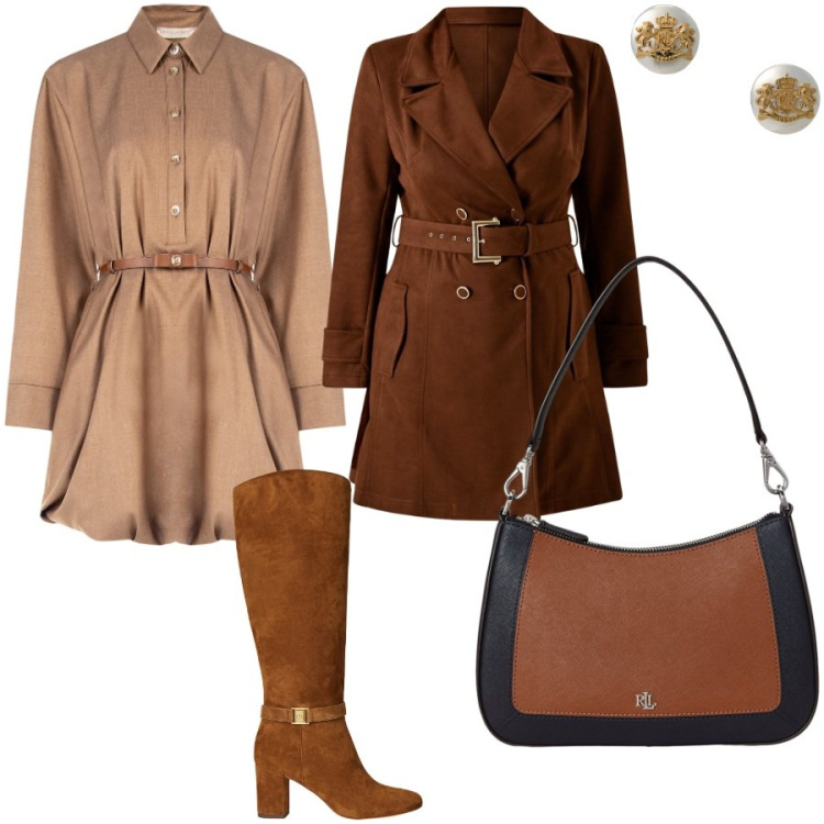 Outfit donna - Luxury colors. Stile Chic per Serata fuori. Abbinamento con vestiti chemisier, trench, orecchini, stivali, borse a spalla.