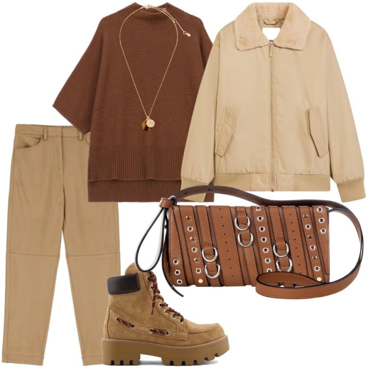 Outfit donna - Comodità. Stile Casual per Tutti i giorni. Abbinamento con bomber, borse a spalla, pantaloni chino, maglieria, collane, stivaletti.