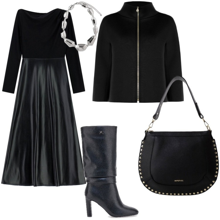 Outfit donna - L\'abito con gonna in pelle. Stile Glamour per Serata fuori. Abbinamento con cappe, vestiti lunghi, borse a spalla, stivali, ciondoli.