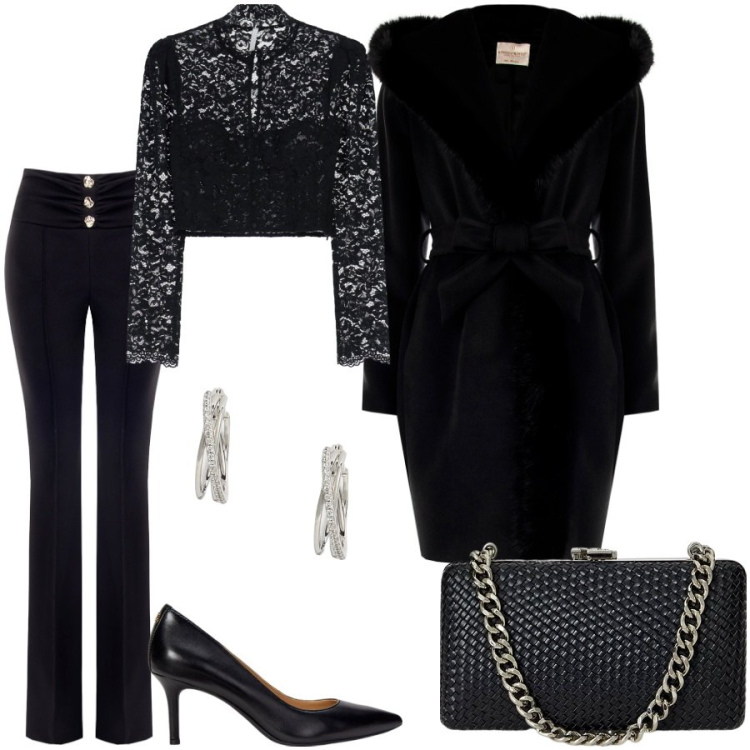Outfit donna - My black mood. Stile Chic per Serata fuori. Abbinamento con pantaloni, cappotti, bluse, orecchini, clutch, décolleté.