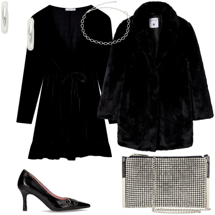 Outfit donna - Velluto nero. Stile Glamour per Serata fuori. Abbinamento con cappotti, vestiti corti, pochette, collane, orecchini, décolleté.