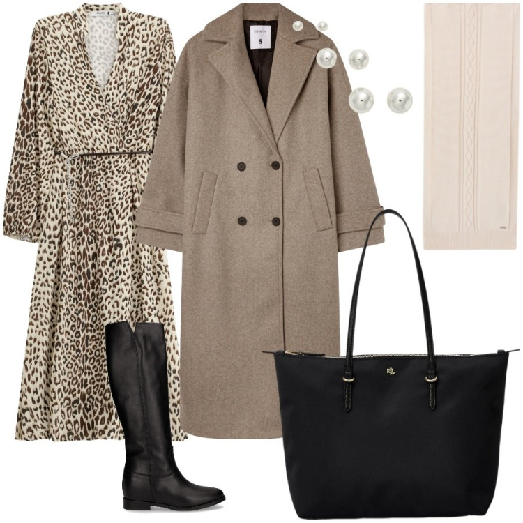Outfit donna - Animalier per l\'ufficio. Stile Casual chic per Ufficio. Abbinamento con cappotti, vestiti midi/longuette, sciarpe, borse tote, orecchini, stivali.