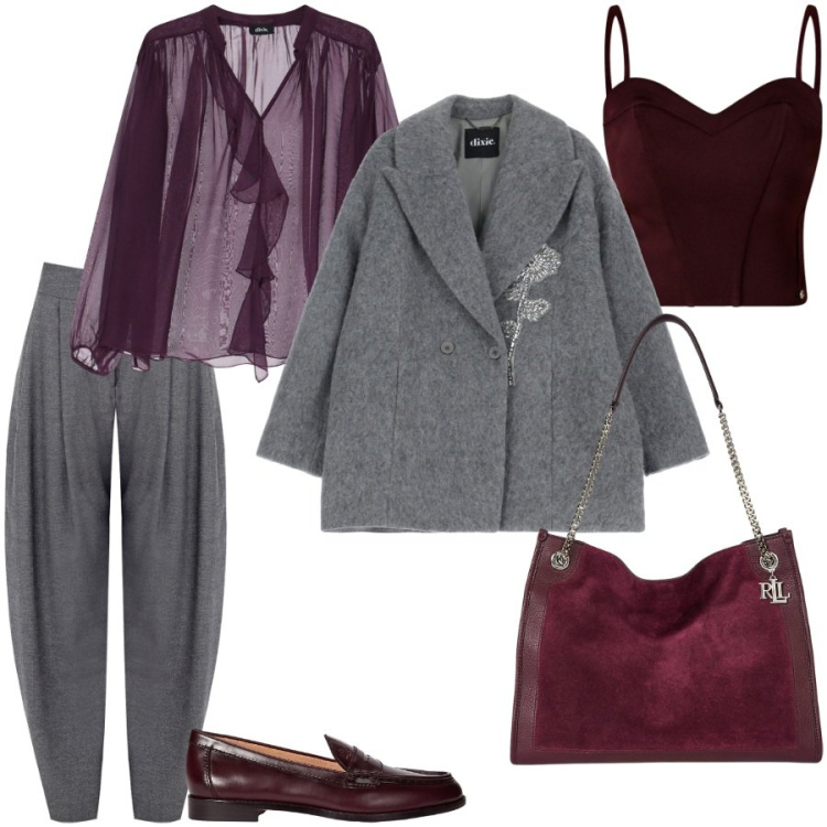 Outfit donna - Cena fuori. Stile Trendy per Serata fuori. Abbinamento con top, pantaloni, cappotti, bluse, borse tote, mocassini.