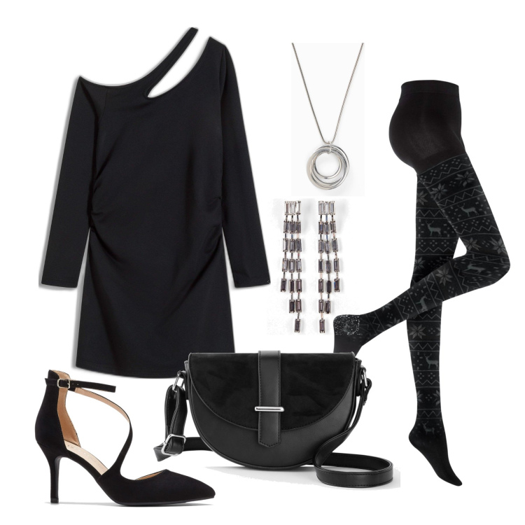 Outfit femme - Novembre. Style Glamour pour Soirée dehors. Assortir avec sacs en bandoulière, colliers, chaussures à talon, collants, boucles d'oreilles, robes courtes.