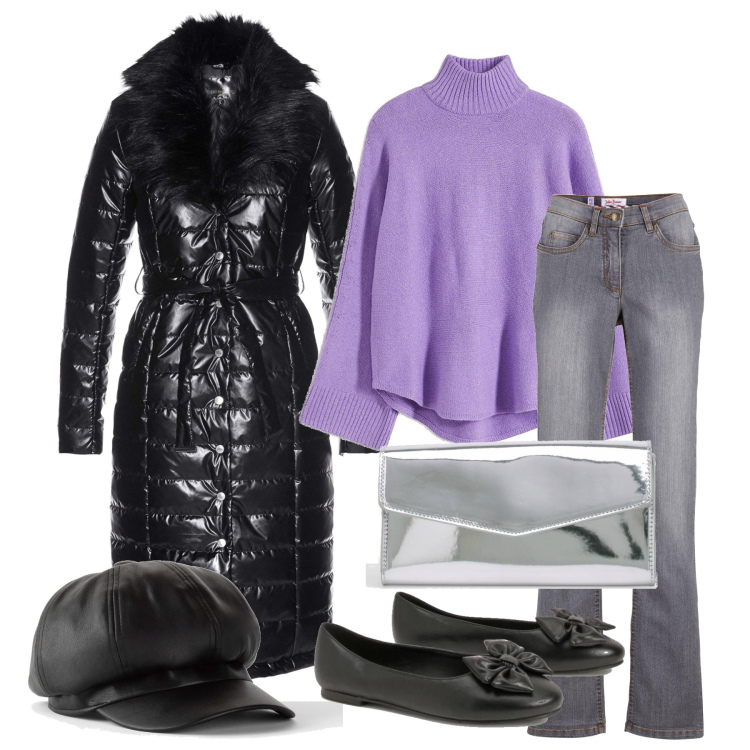 Outfit femme - Novembre. Style Casual chic pour Tous les jours. Assortir avec pulls, manteaux, jean coupe droite, chapeaux avec visière, ballerines, pochette.