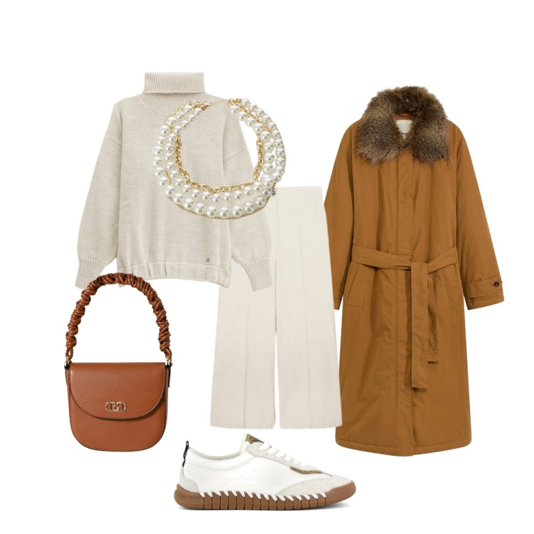 Outfit donna - Caramello avvolgente. Stile Bon Ton per Tutti i giorni. Abbinamento con trench, borse a mano, maglieria, collane, sneakers, pantaloni a palazzo.