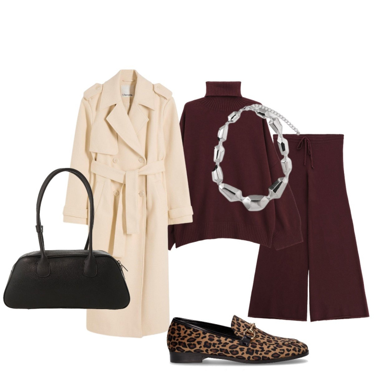 Outfit donna - In città. Stile Chic per Ufficio. Abbinamento con trench, pantaloni a palazzo, maglieria, borse a mano, mocassini, ciondoli.