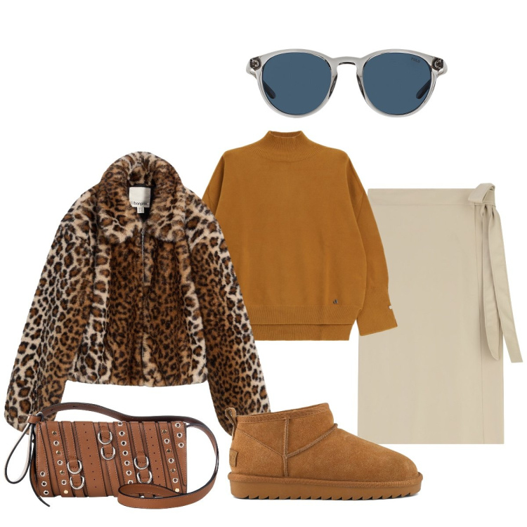 Outfit donna - Tonalità calda. Stile Glamour per Tutti i giorni. Abbinamento con ecopellicce, borse a spalla, gonne longuette, maglieria, occhiali da sole, stivali.