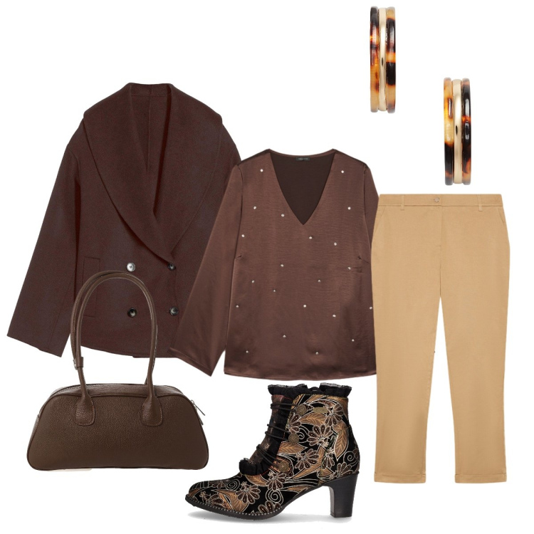 Outfit donna - I pantaloni color miele. Stile Chic per Ufficio. Abbinamento con caban, borse a mano, orecchini, stivaletti, pantaloni chino, bluse.