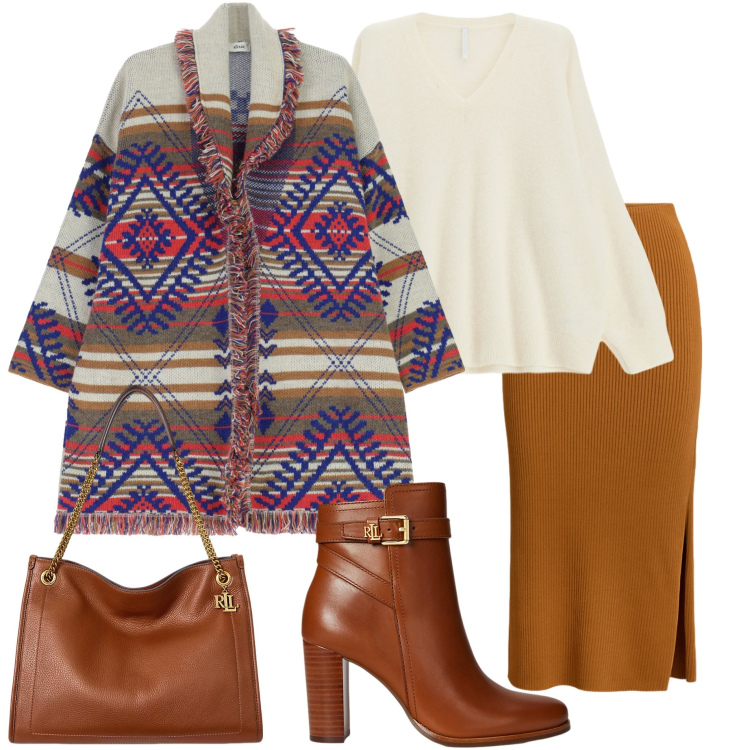 Outfit donna - Comfy autunnale. Stile Casual chic per Tutti i giorni. Abbinamento con maglieria, cappotti, borse tote, gonne, stivaletti.