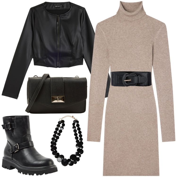 Outfit donna - Mix di classe. Stile Urban per Tutti i giorni. Abbinamento con cinture, stivaletti, vestiti corti, borse a tracolla, giacche, collane.