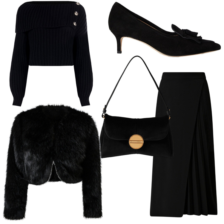 Outfit donna - Sofisticato. Stile Chic per Serata fuori. Abbinamento con maglieria, blazer, gonne longuette, décolleté, borse a tracolla.