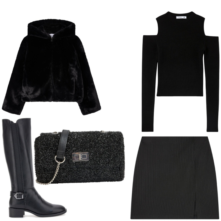 Outfit donna - Elegante. Stile Chic per Serata fuori. Abbinamento con borse a tracolla, maglieria, minigonne, ecopellicce, stivali sopra il ginocchio.
