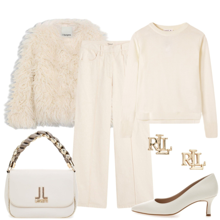 Outfit donna - Candida a novembre. Stile Chic per Tutti i giorni. Abbinamento con pantaloni, ecopellicce, maglieria, orecchini, borse a tracolla, décolleté.