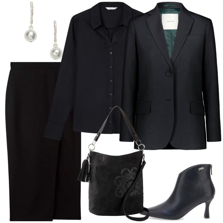 Outfit donna - TBM. Stile Casual chic per Ufficio. Abbinamento con borse a mano, gonne longuette, camicie, orecchini, blazer, stivaletti.