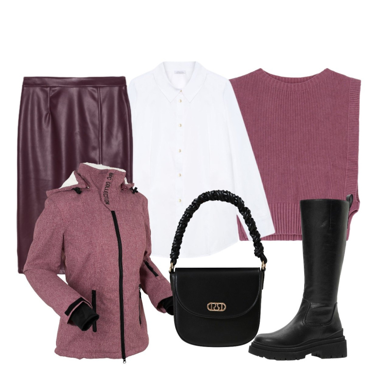 Outfit donna - La raffinatezza del color vinaccia. Stile Minimal per Tutti i giorni. Abbinamento con blazer, stivali, borse a mano, maglieria, gonne longuette, camicie.